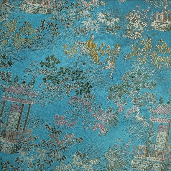 VINTAGE 70s Asian frog closure blue split sleeve traditional brocade top M - Picture 7 of 11